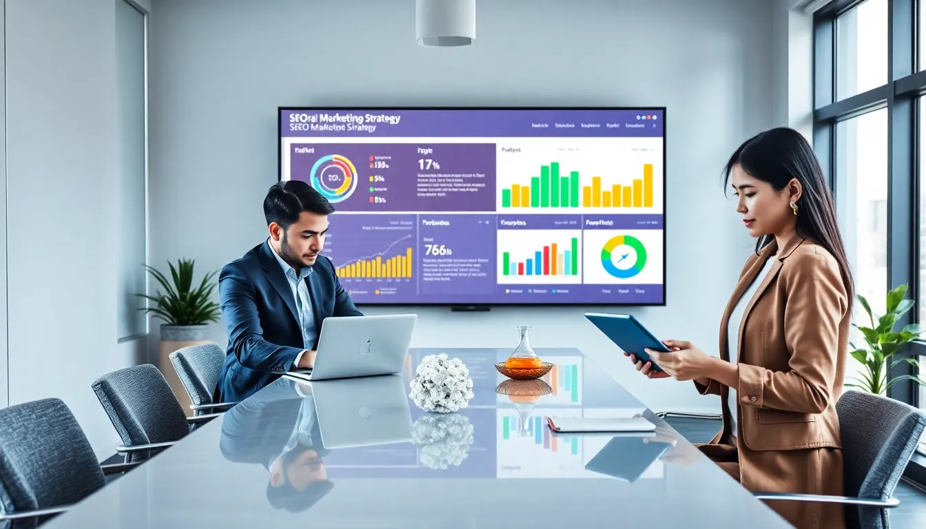 diverse team discussing SEO strategies in a modern office.