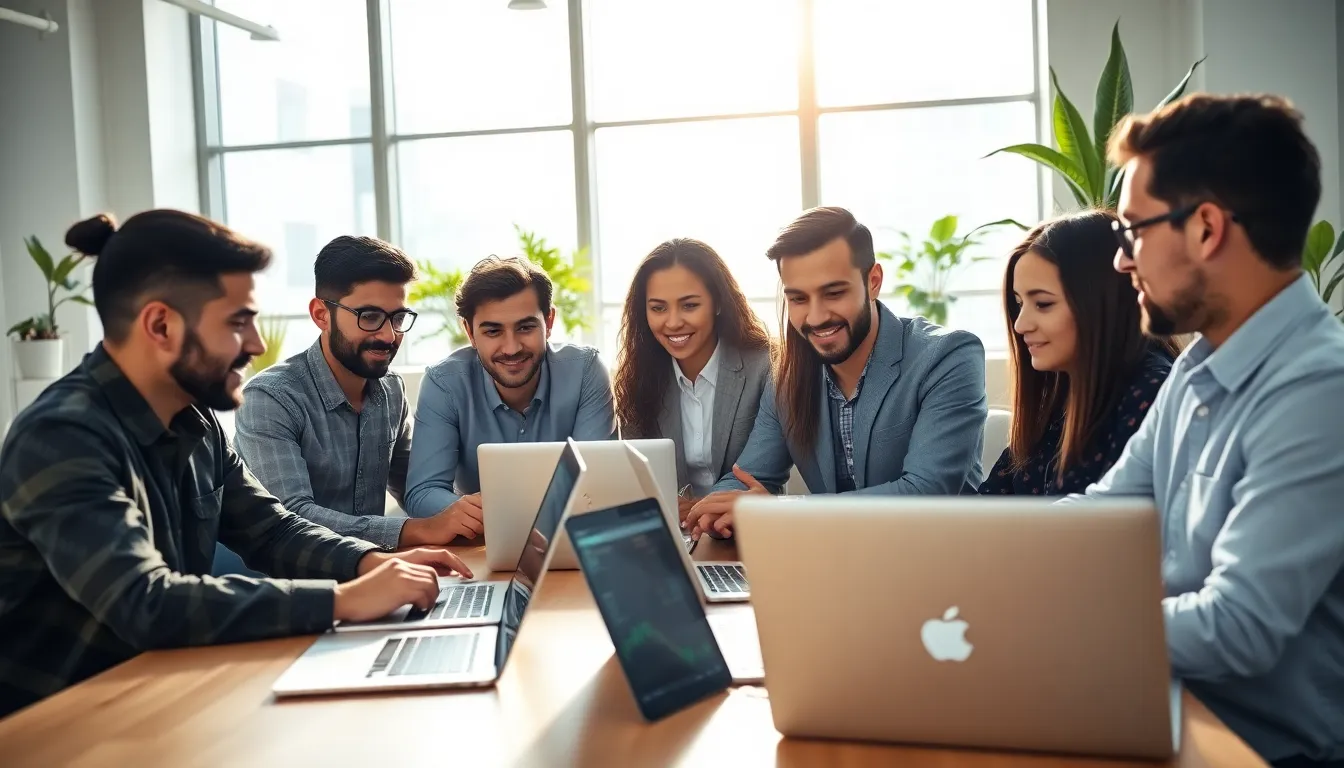diverse fintech developers collaborating in a modern office.