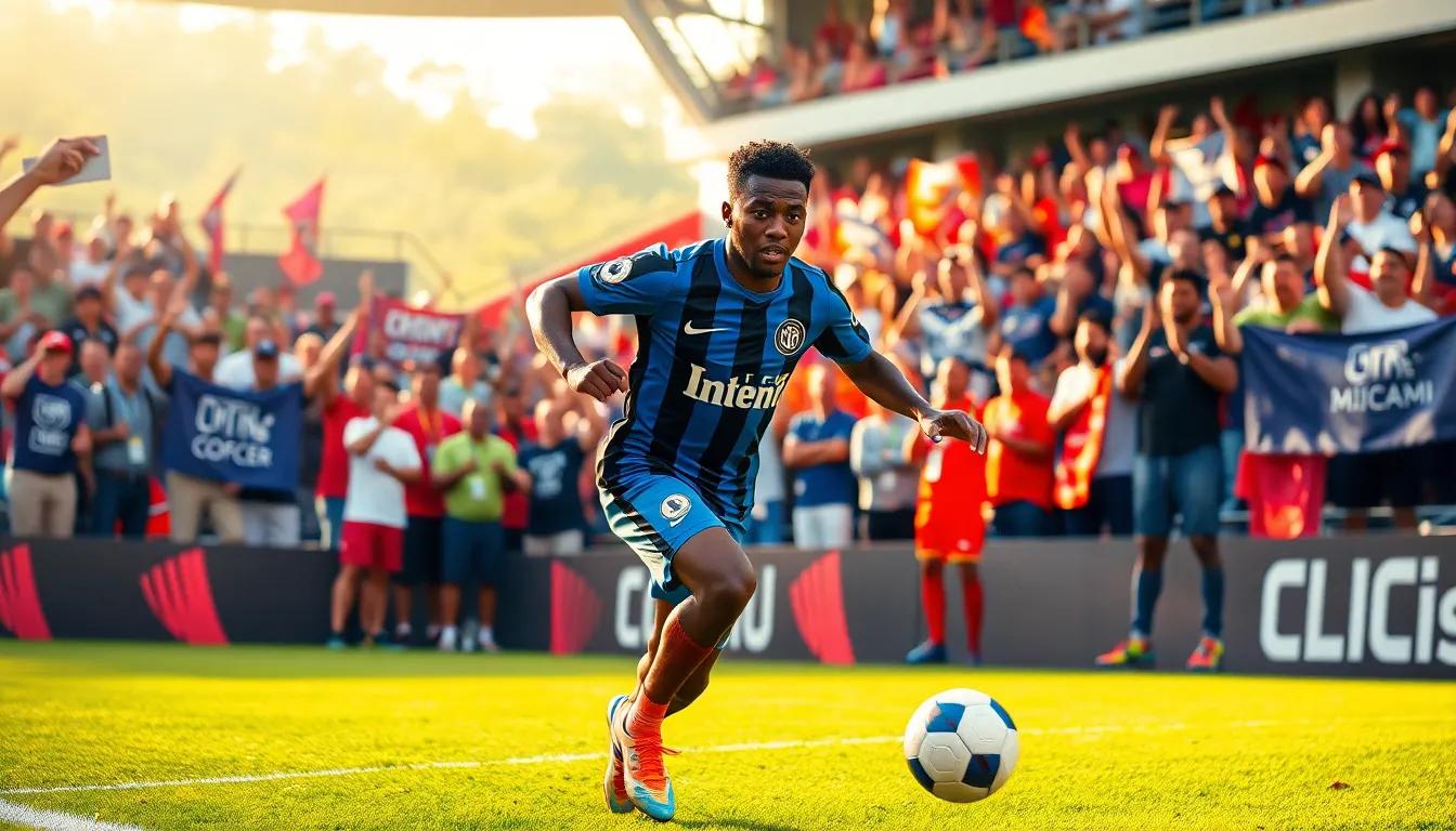 a young soccer player sprinting during a Major League Soccer match.