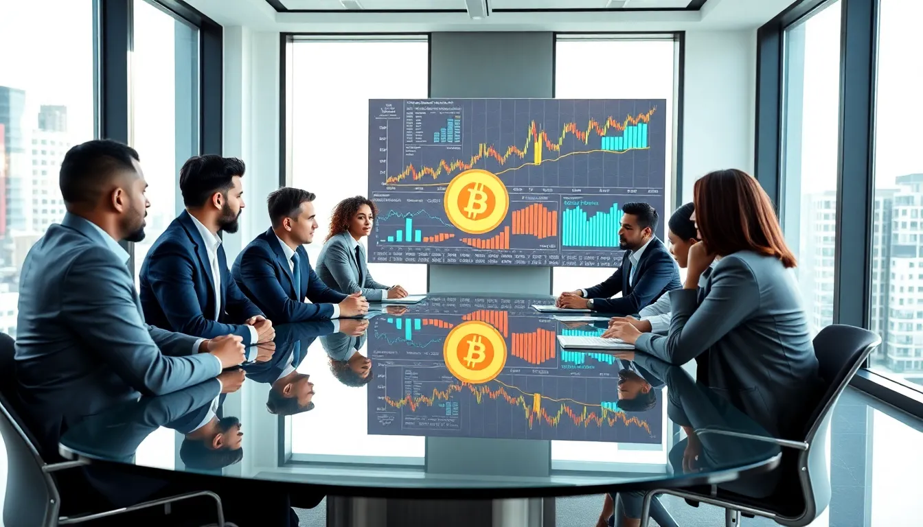diverse team discussing cryptocurrency in a modern office.