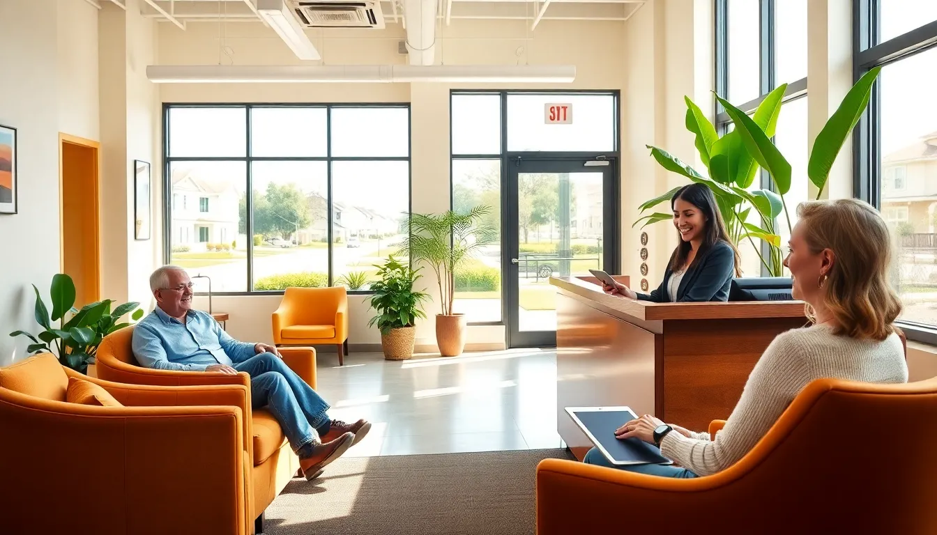 An inviting real estate office with a friendly agent assisting clients.