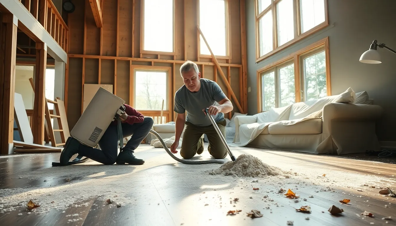a man cleaning dust in a renovated living room with construction debris.