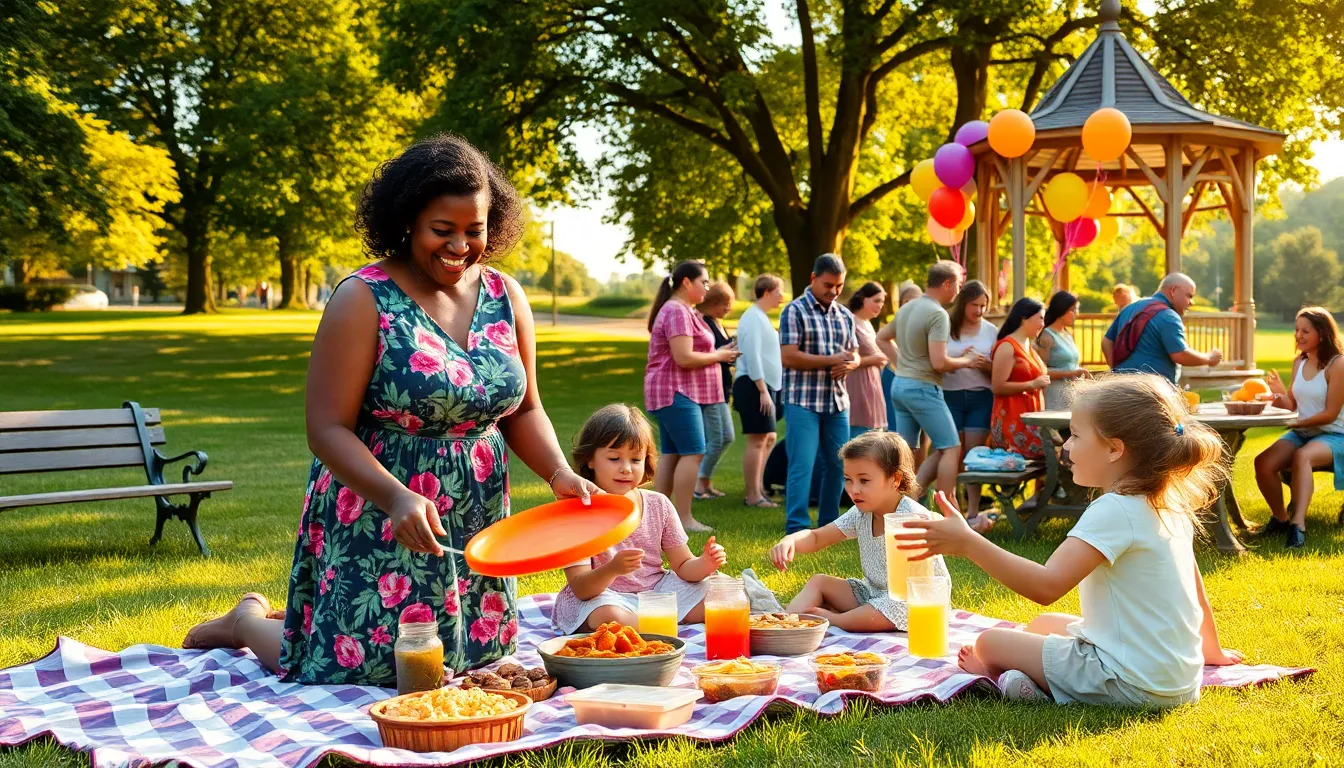 A community gathering in a park with families enjoying a budget-friendly picnic.