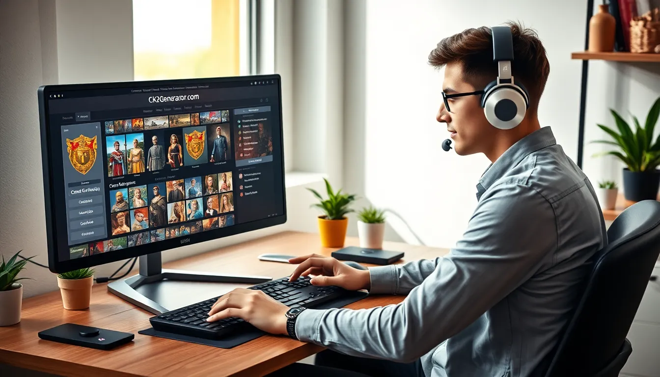 a gamer using CK2Generator.com in a modern office setup.