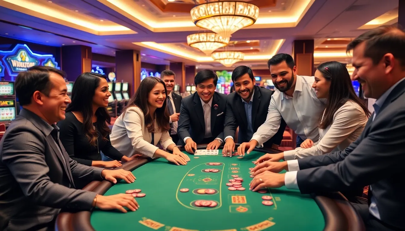 diverse players engaged around a blackjack table in a modern casino.