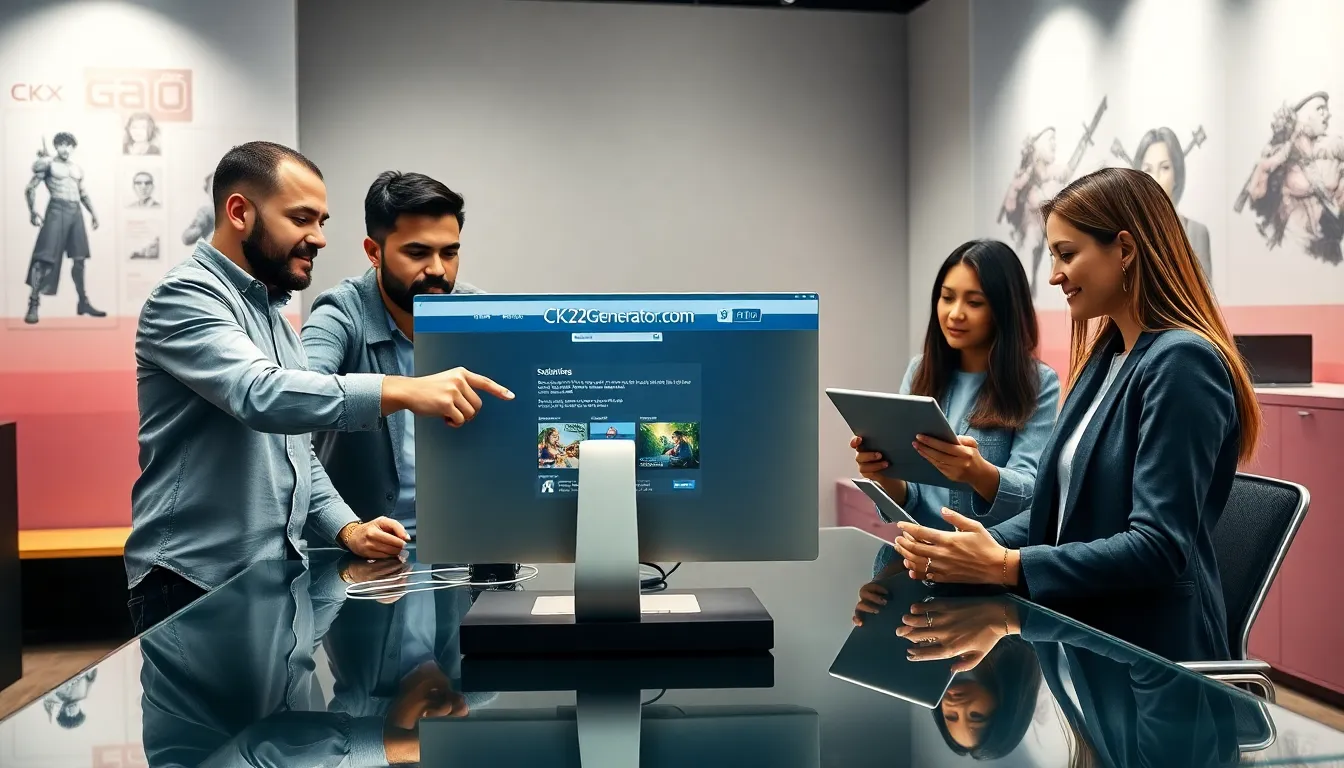 professionals collaborating on character creation in a modern office.