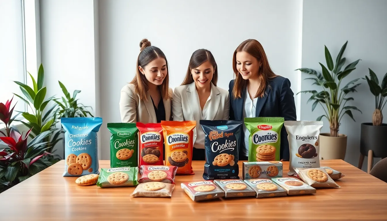 professionals discussing creative cookie packaging in a modern office.