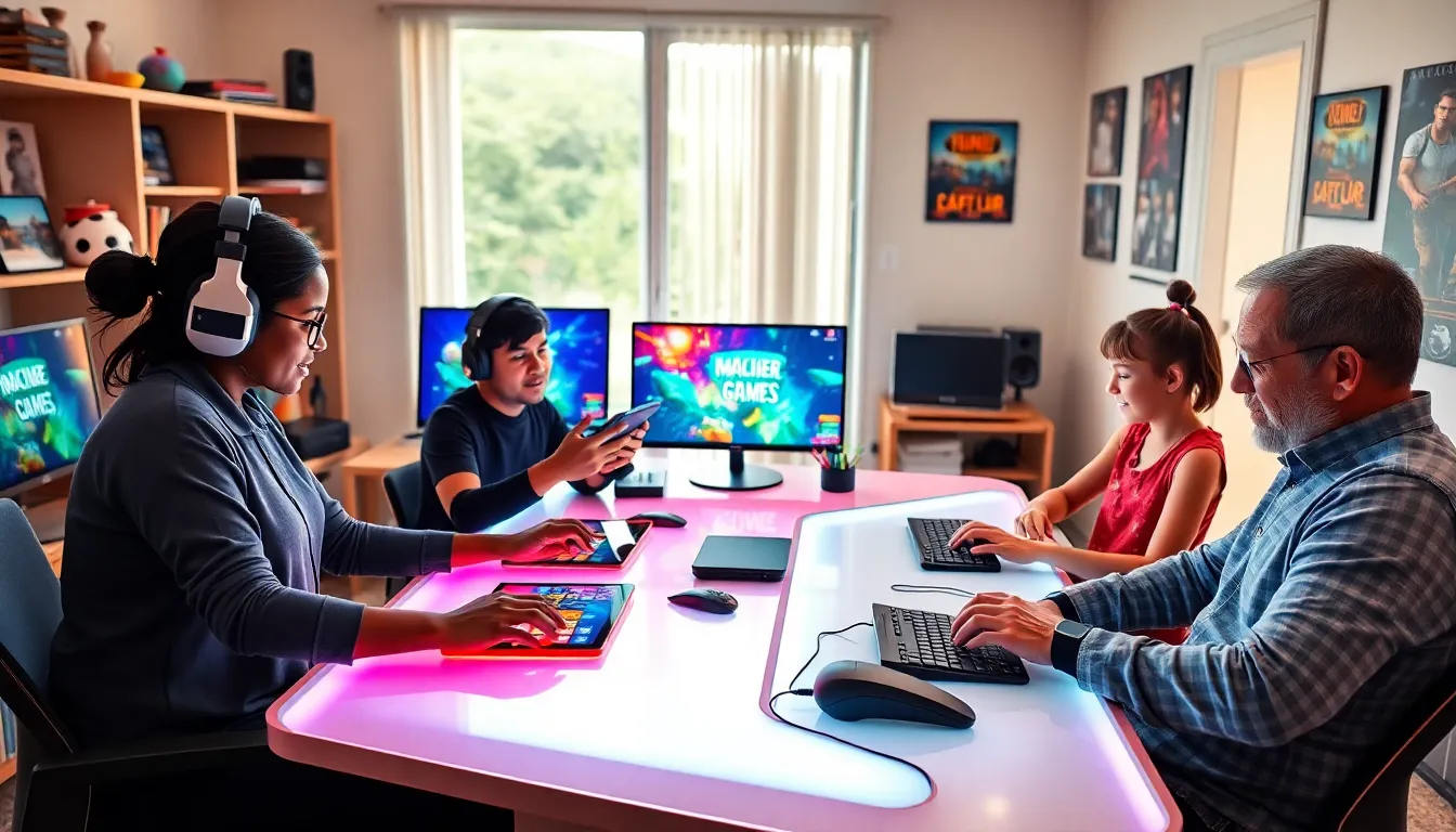 a diverse group of gamers sharing experiences in a modern home office.