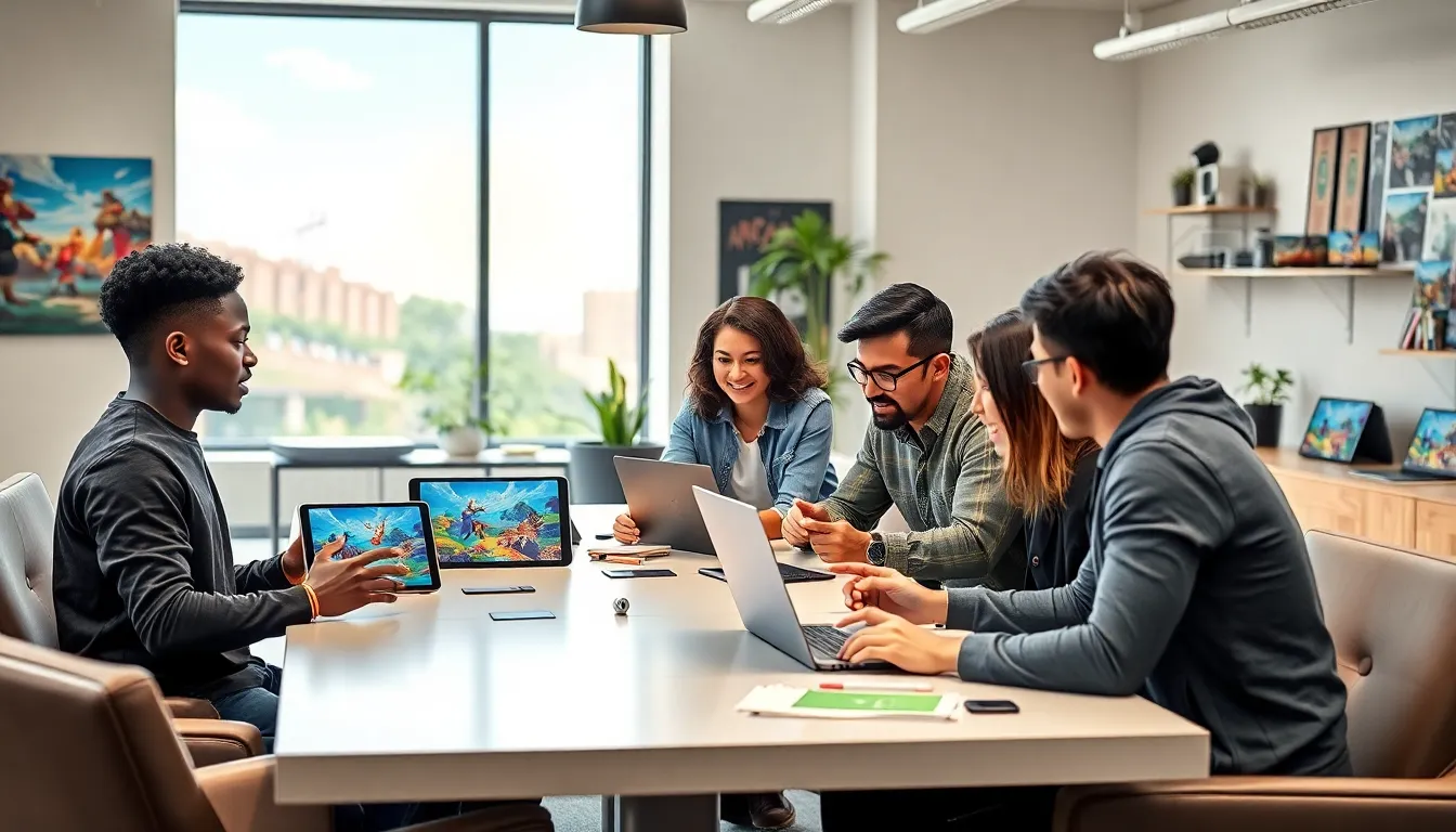 a diverse team of game developers collaborating in a modern office.
