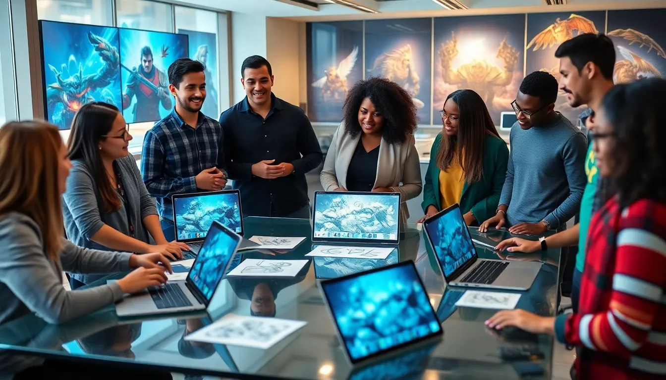 diverse game developers collaborating in a modern office.