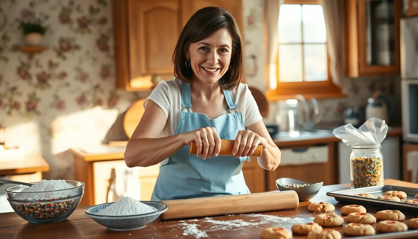 Mary baking cookies in a sunlit kitchen, surrounded by ingredients and joy.