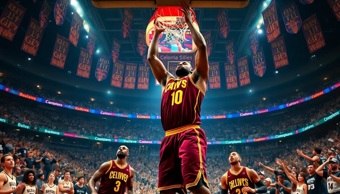 LeBron James dunking during the Cavaliers' 2016 NBA Finals comeback.