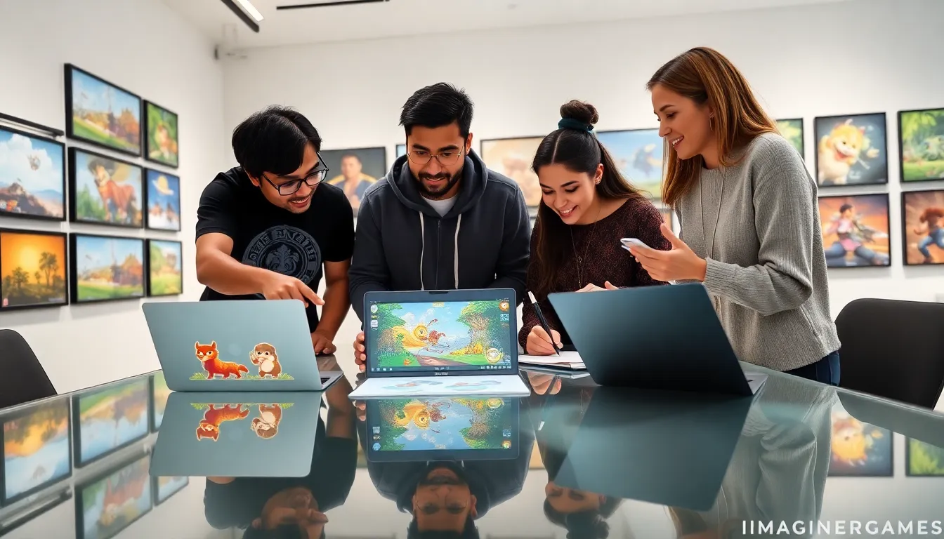 game developers collaborating in a contemporary studio space.