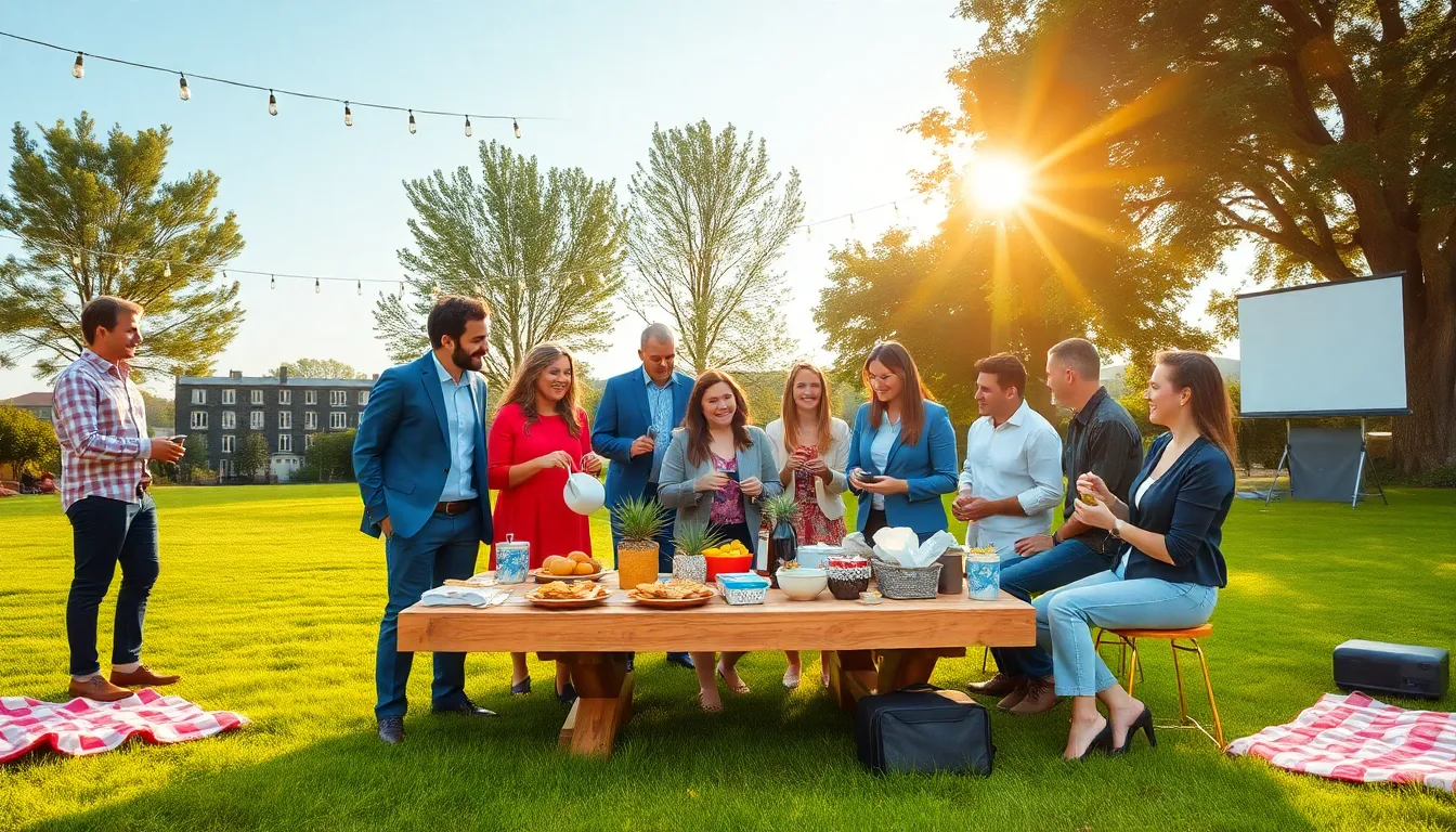 outdoor potluck gathering with diverse professionals enjoying food and conversation.