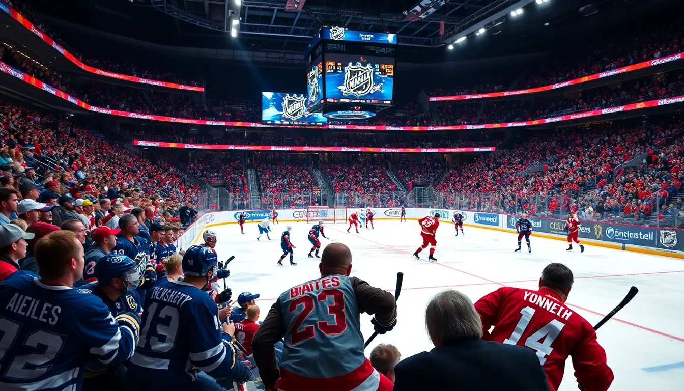 NHL game scene with players in action and excited fans in the stands.