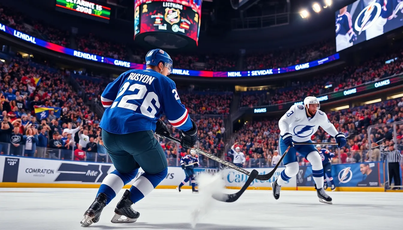 A dramatic NHL game scene featuring the Colorado Avalanche against the Tampa Bay Lightning.
