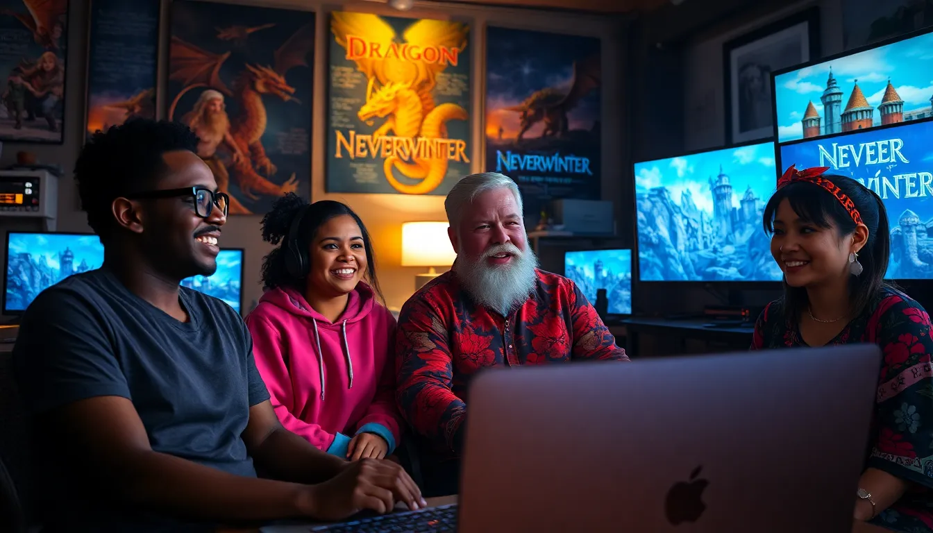 a group of diverse players discussing strategies for Neverwinter.